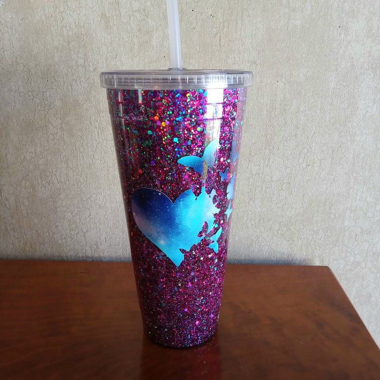 Purple and teal Snow Globe Tumbler With Blue Galaxy Heart And Butterflies Decal New Big 32 Oz