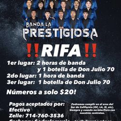BOLETOS DE RIFA EN VENTA – GANA UNA BANDA EN VIVO Y DON JULIO 70!