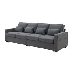 [VIDEO provided] [New] 104 4-Seater Modern Linen Fabric Sofa with Armrest Pockets and 4 Pillows,Minimalist Style Couch for Living Room, Apartment, Off