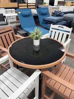 5-piece outdoor patio set, includes 4 HDPE chairs, 1 metal table with umbrella hole, All pieces are weather resistant, sun resistant, and corrosion re