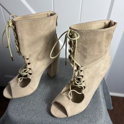 M&L Stiletto Lace Up Beige Suede Boots