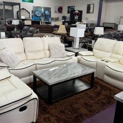 3PC White recliner sofa set chair loveseat and sofa with black stripe