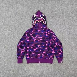 Brand new Bape double hooded shark head purple camouflage sweatshirt