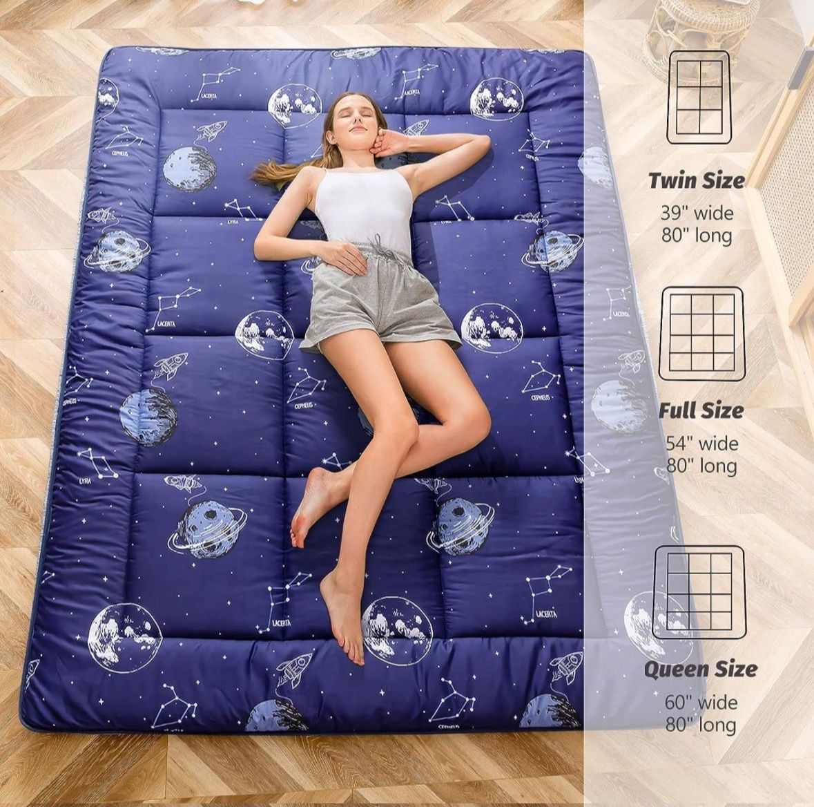 New In Box - Queen Size Navy Space Futon Mattress, Padded Japanese Floor Bed Mattress Topper, Extra Thick Folding Breathable Floor Bed