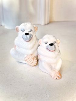 Glazed Ceramic Hugging Monkeys Medium + Small Salt & Pepper Shaker Set 🧂🐒