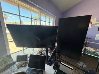 LG 32” Monitor + ViewSonic Monitor – Adjustable Monitor Arms Available