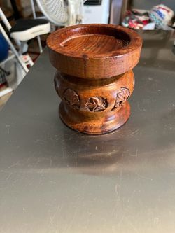 Hand-Carved Wooden Candle Holder – $15