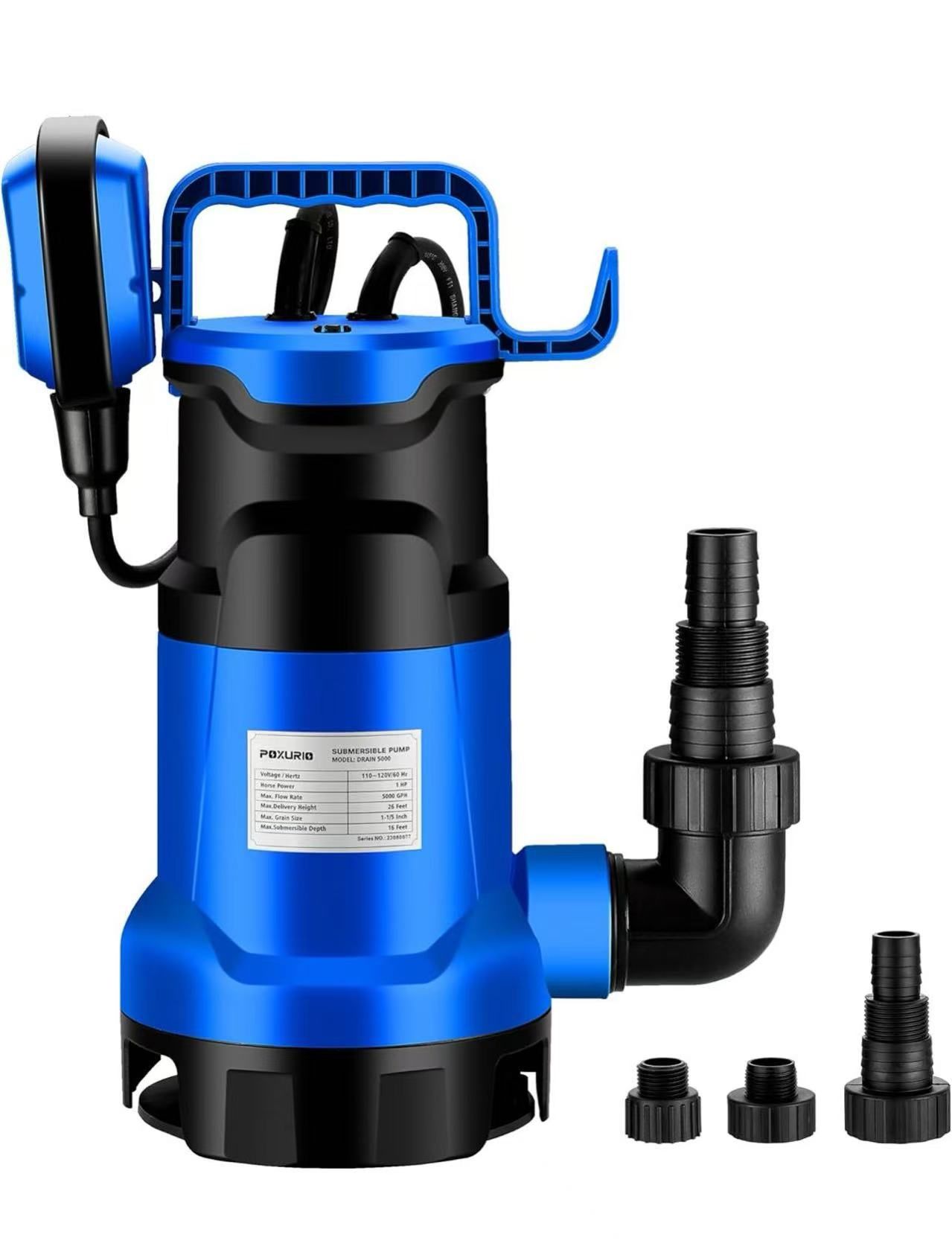 Automatic Sump Pump, 1HP 5000GPH Submersible Sump Pump with Float Switch, 750W Utility Water Pump, 26FT Cord for Basement, Swimming Pool, Pond, Dirty