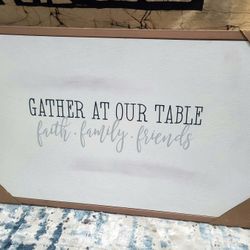 Gather at Our Table Sign, Farmhouse Kitchen Decor, Faith Family Friends, Rustic Wood Wall Art 21"x13"