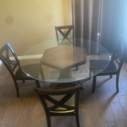 Dining Room 60” Round Glass Table With 4 Wooden Chairs 