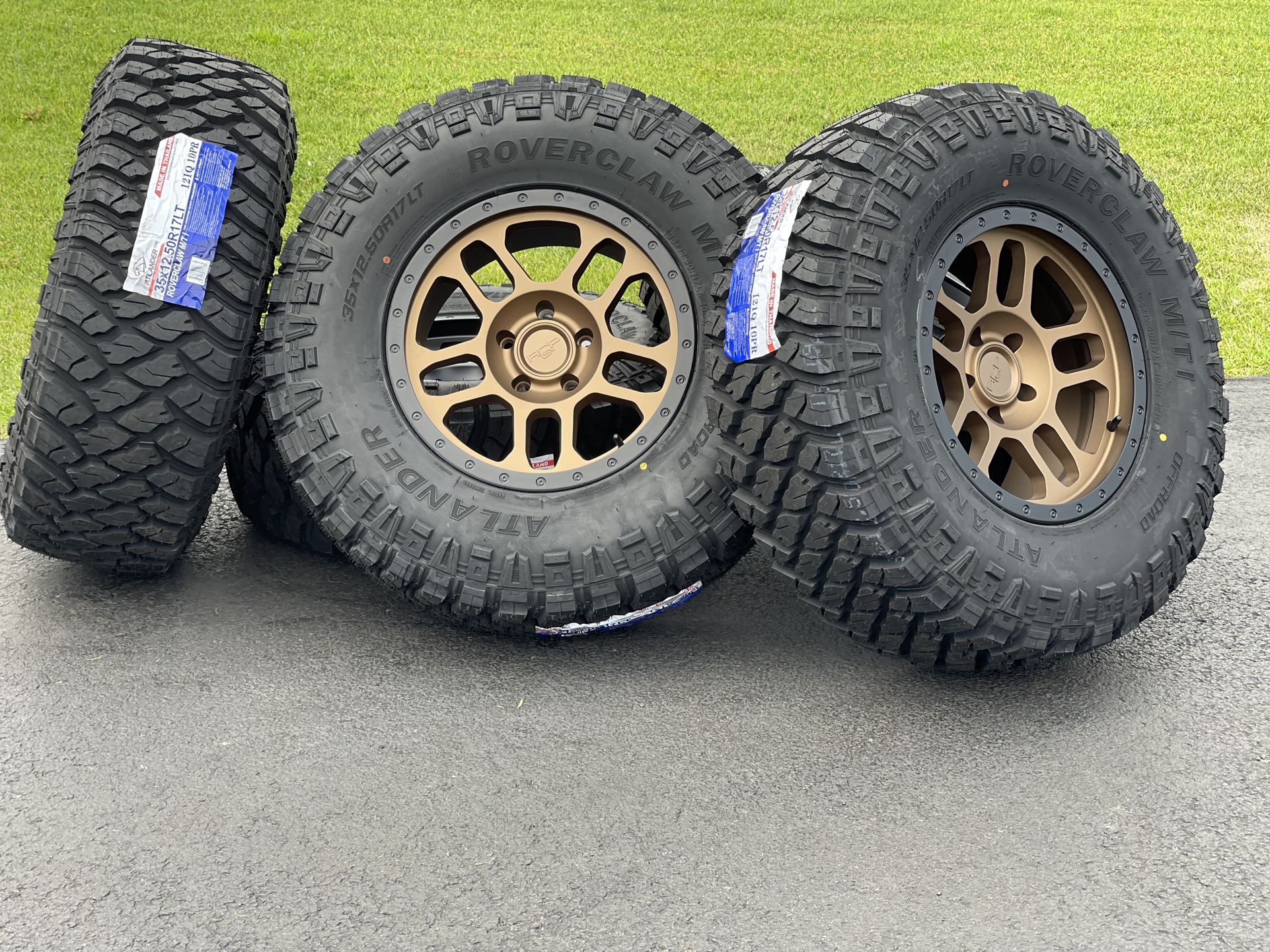 35” Set of 5 Rims 5x127 Jeep Wheels JK Gladiator JL Wrangler M/T Tires Rubicon Bronze Black Silver Sahara