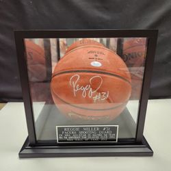 Pacers Reggie Miller Signed, PSA-Certified GameDay Basketball In Premium Display Case w/ Nameplate 