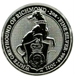 2021- 2 Troy oz .999 British Queens Beast White Greyhound minted in the UK.