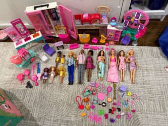 Large Barbie & Doll Bundle – 12 Dolls, Wardrobe, Ferris Wheel & Accessories