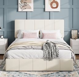 Full size bed Frame Cream Upholstered Platform