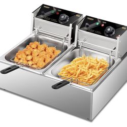 22.8QT Commercial Deep Fryer with Baskets & Lids, 21.8L Stainless Steel Electric Double Fryer, Countertop Kitchen Frying Machine w/Temperature Control