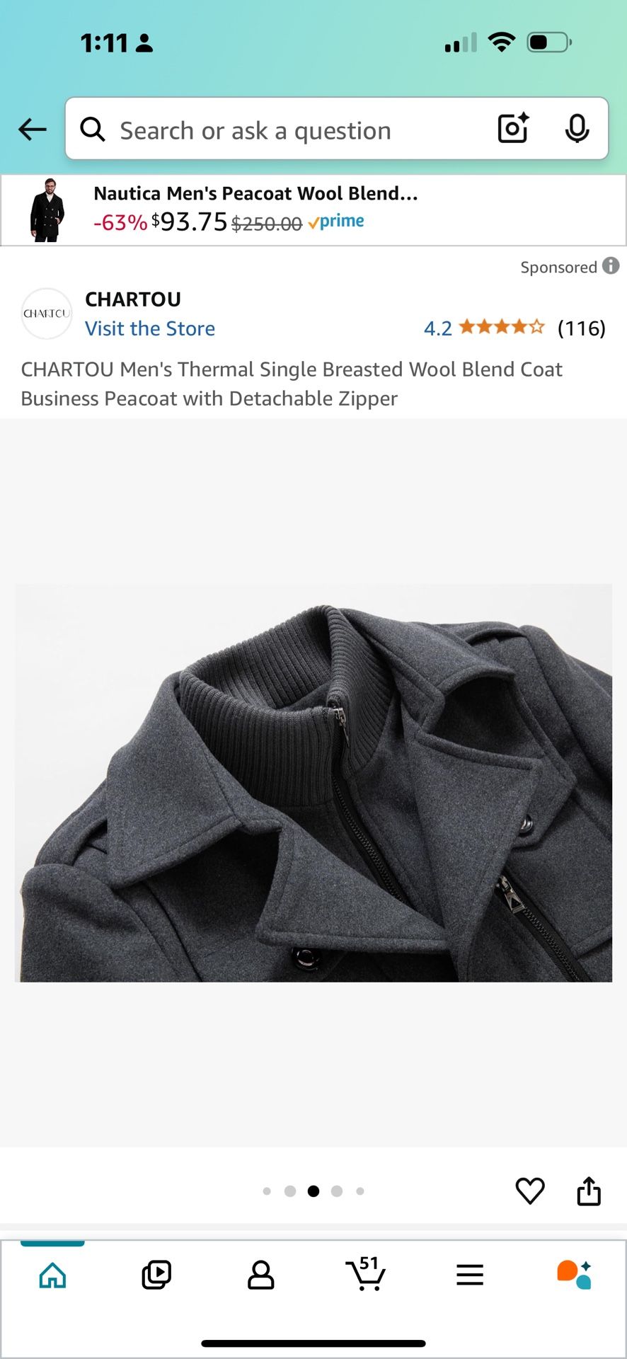 L size of Men's Thermal Single Breasted Wool Blend Coat Business Peacoat with Detachable Zipper