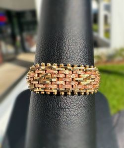Jewelry 14k solid yellow two tone gold round cut bark elastic Ring sz 9.50