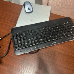 Dual Gaming Monitors, Wireless Keyboard, Wireless Mouse, Desk