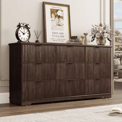 Modern Farmhouse 9 Drawer Dresser with Charging Station, 63" extra Wide Brown Fluted Dresser Wooden Storage Cabinet for Bedroom, Living Room & E