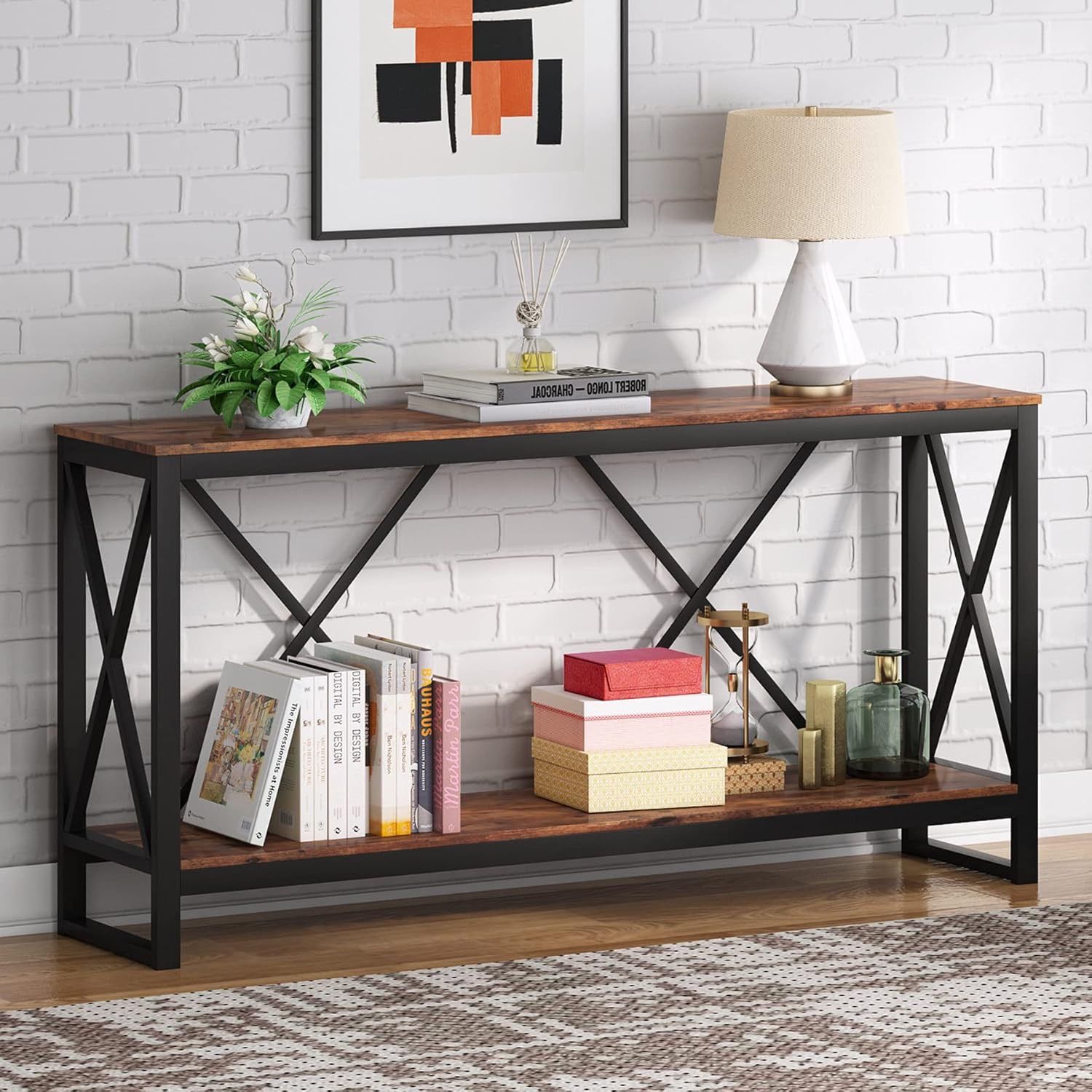 70.9 Inch Extra Long Console Table, Industrial Narrow Sofa Entry Behind Couch with Open Storage Shelf. Rustic Entryway/Hallway for Living Room, Vintag