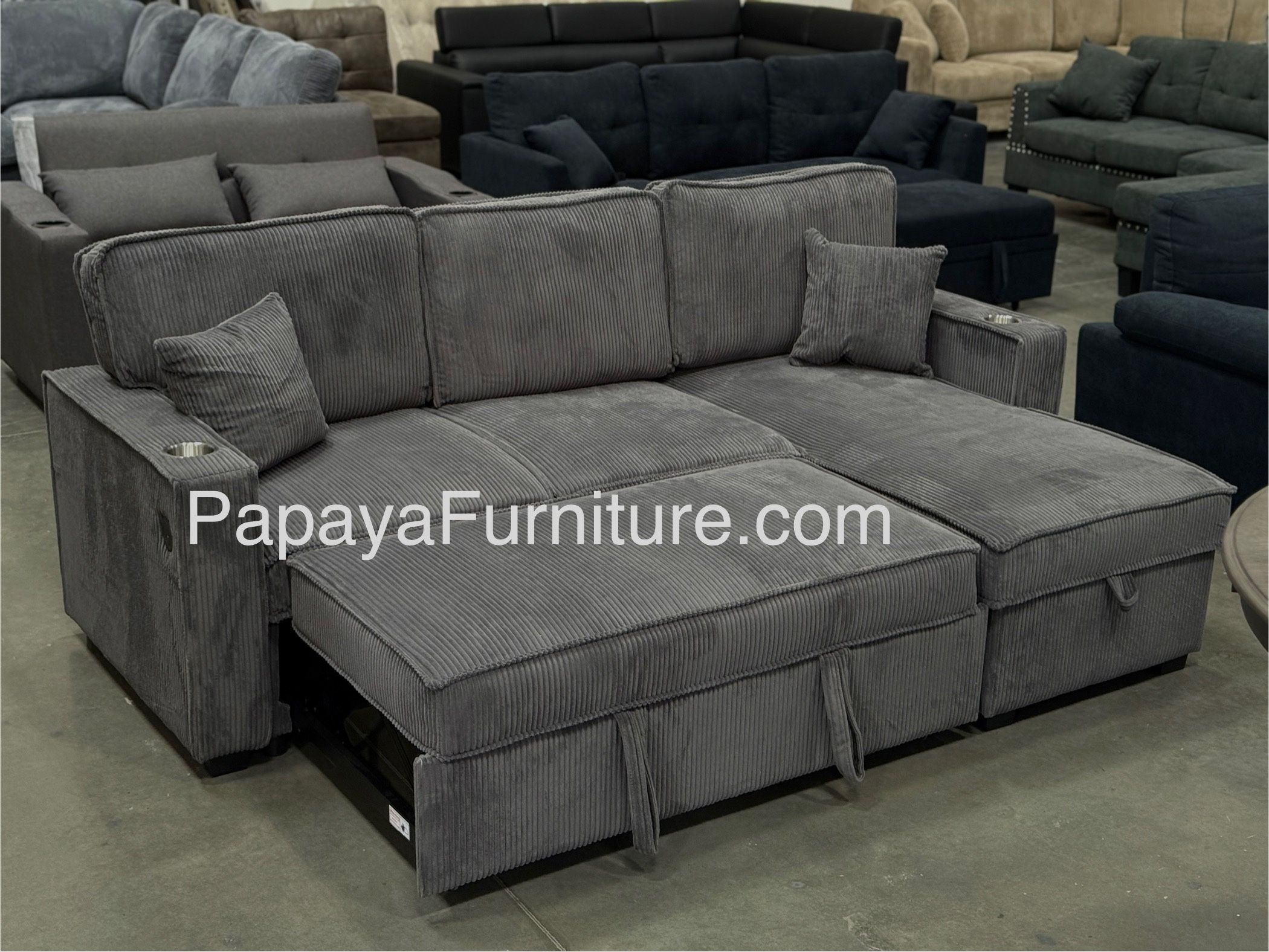 New! Reversible Grey corduroy Sectional Sofa Bed, Sectional Sofa Bed, Grey Sofa, Sleeper Sofa, Grey Couch, Reversible Sectional, Sectional Sofa With P
