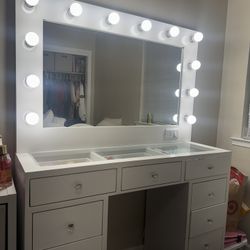 White Vanity with Lighted mirror- 11 drawers