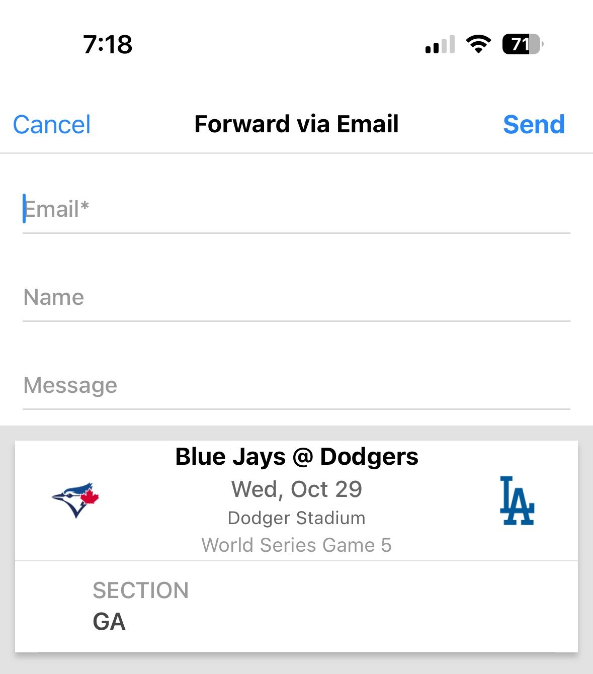 Dodgers vs. Blue Jays GA Parking Tickets (10/29)