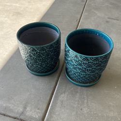 Blue Ceramic Potting Plants With Drip Trays