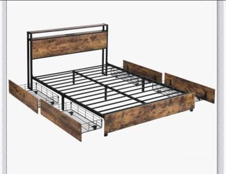 Industrial Metal Bed Frame with Storage Drawers
