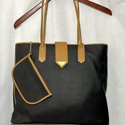 Yves Saint Laurent Tote Bag Black PVC Tan Leather Shoulder Bag & Coin Purse