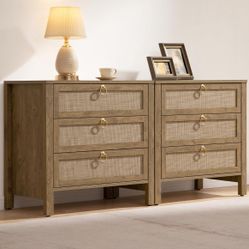 Set of 2 with Drawers, Rattan Nightstands, Large Modern Boho Night Stand