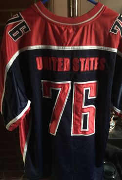 Red white and blue United States 76 jersey