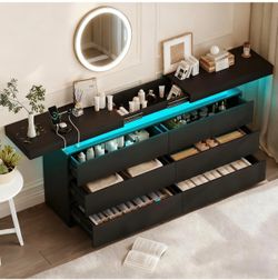 6 Drawer Dresser for Bedroom, Black Dresser with LED Lights, Sliding Desktop and Power Outlet