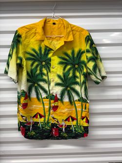 Yellow Hawaiian Tropical Palm Tree Graphic Woven Button-Up Shirt Men's S