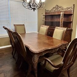 Dining Table with 6 Upholstered Olive Green Chairs and Hutch