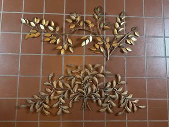 Vintage Large Metal Leaf Branch Wall Art Set - Pair of 46” Mid-Century Sprays