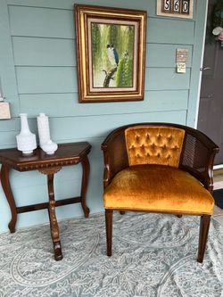 Vintage Mid Century Modern Barrel Back Orange 🍊 Velvet Cane Chair 60s 70s