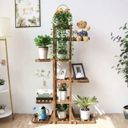 XJJ788 6 Tier Wooden Plant Stand Rack Indoor Outdoor Flower Pot Display Holder
