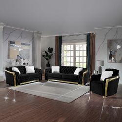 Modern Black And Gold Velvet Sofa Loveseat And Accent Chair 