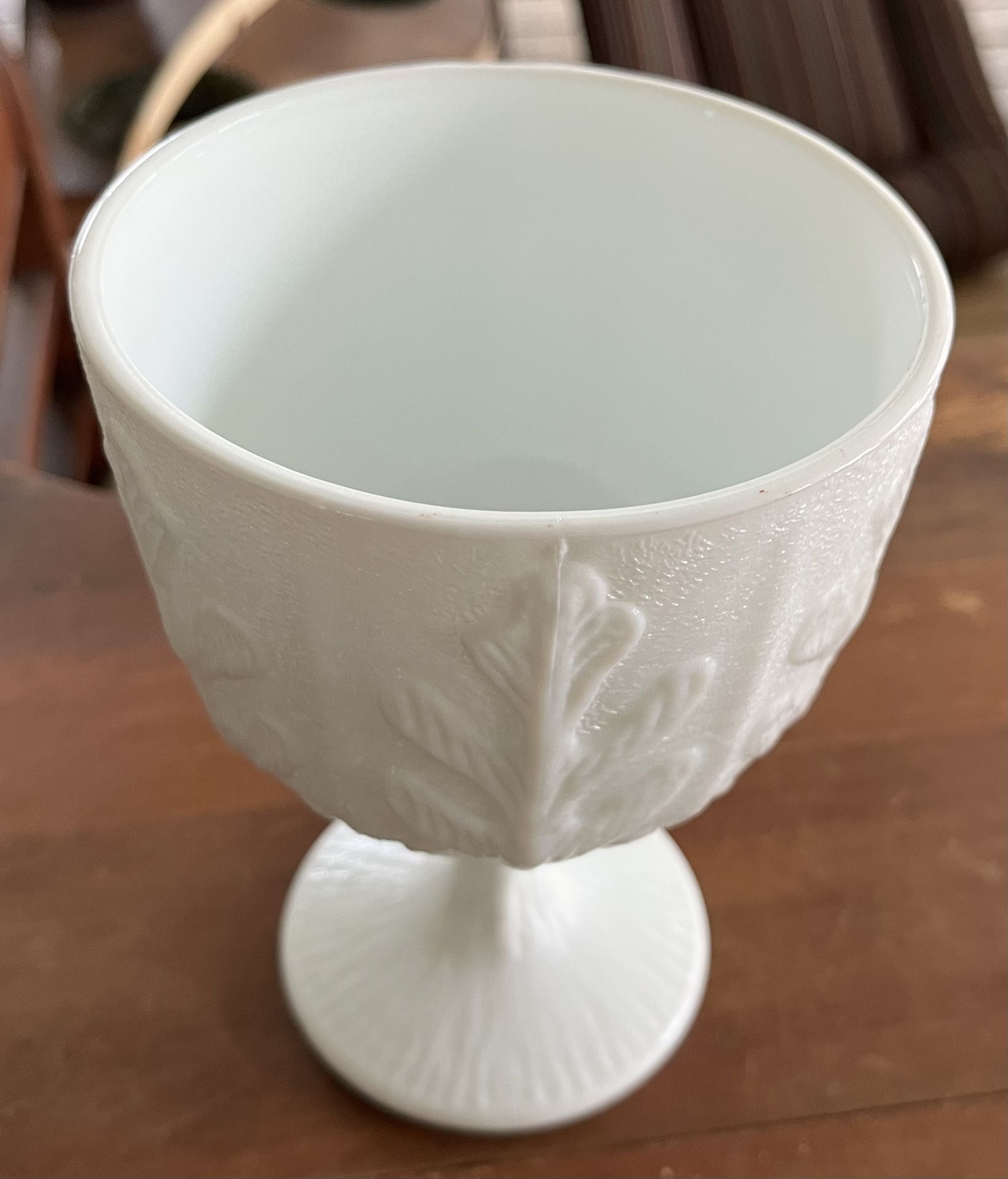 Vintage FTD Classic Oak Leaf Milk Glass Chalice/Goblet