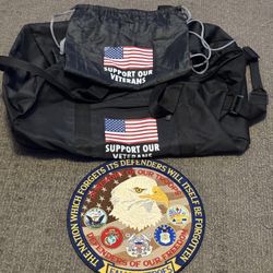 Support Our Veterans Wheeled Duffel Bag + Drawstring Bag w/ Military Patch