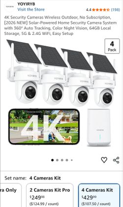 4K Security Cameras Wireless Outdoor, No Subscription, [2026 NEW] Solar-Powered Home Security Camera System with 360° Auto Tracking, Color Night Visio