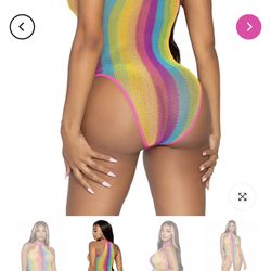 Rainbow Fishnet Cut Out Bodysuit with Strappy Bikini Back Body