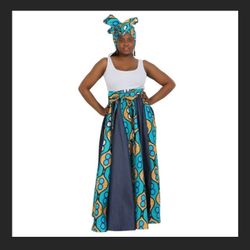 Advance Apparels - Denim and African Print Long Maxi Skirt One Size