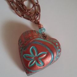 Hand Crafted,  Copper-toned, Polymer clay Sand Dollar,  Puffy Heart. On Copper Open-link Chain. 