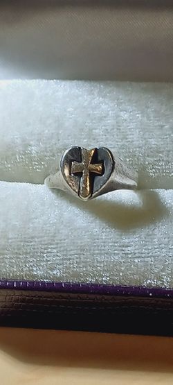 Vintage Retired James Avery Sterling Silver 14kt Gold Cross Heart Ring Women's Size 7.5