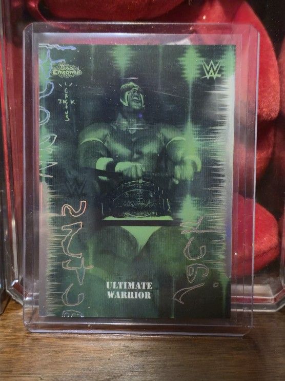 2025 Topps Chrome WWE x Cactus Jack trading card featuring the wrestler Ultimate Warrior SSP. 