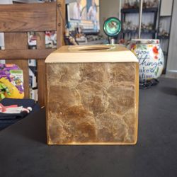 Vintage 60's To 70's Cube Tissue Box Cover W/ Capitol Shell Inlays, Clear Acrylic Outside Layer Iridescent Quality 5.75"Cube