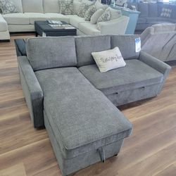 New 2pc Sleeper Sectional In Charcoal USB Ports. Storage